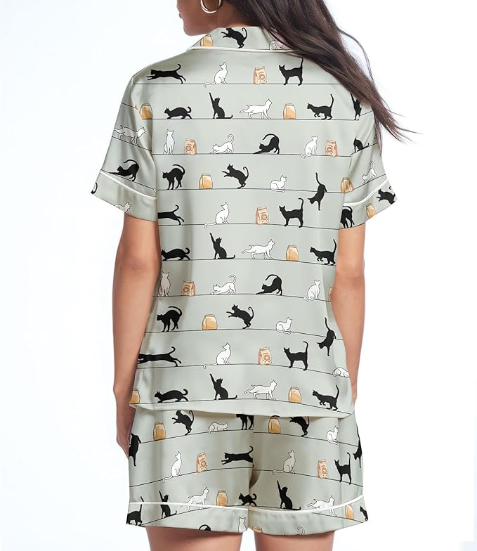 Women’s Silk Satin Pajama Set, Short Sleeve Button Down 2 Piece PJs with Shorts, Cozy Loungewear & Matching Holiday Pajamas