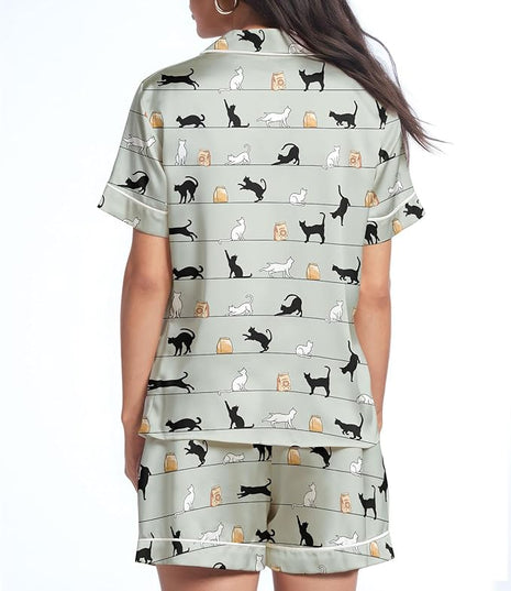 Women’s Silk Satin Pajama Set, Short Sleeve Button Down 2 Piece PJs with Shorts, Cozy Loungewear & Matching Holiday Pajamas