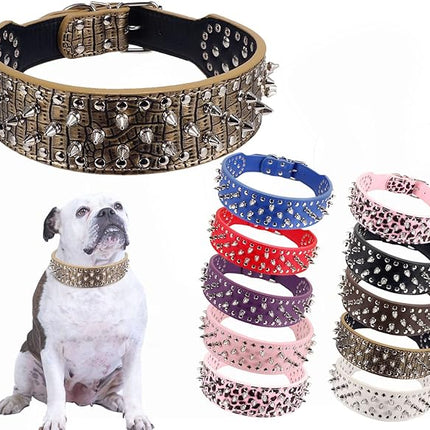 Hoot PU Leather Adjustable Spiked Studded Dog Collar 2" Wide 25 Spikes (XS(Neck 15"-18"), Golden)