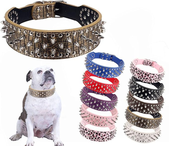 Hoot PU Leather Adjustable Spiked Studded Dog Collar 2" Wide 25 Spikes (XS(Neck 15"-18"), Golden)