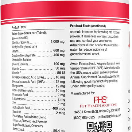 PHS Joint MAX Triple Strength (TS) Chewable Tablets for Dogs - Glucosamine, Chondroitin, MSM - Vitamins, and Antioxidants - Hip and Joint Pain Relief and Support Supplement - Made in USA - 120 Tablets