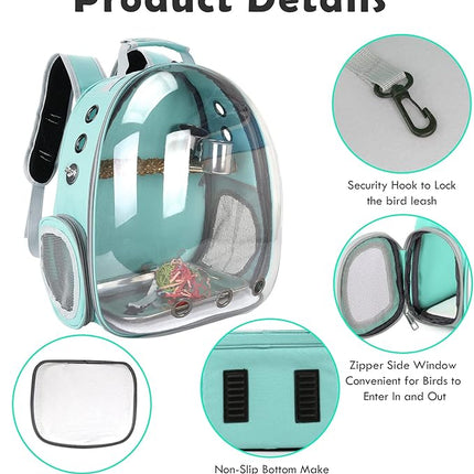 Bird Backpack Carrier with Perch, Portable Bird Travel Cage Bag, Clear Parrot Carrier Cockatiel Cage with Toy Stainless Steel Food Bowl Tray for Conures Parakeet Budgie Canary Lovebirds Small Animals