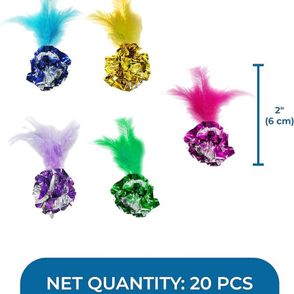 SunGrow Mylar Crinkle Balls with Feathers, 2.5-Inches, Shiny Stress Buster Crinkler, Suitable for Multiple Cats' Engagement, Ideal for Kittens and Grown-ups, 20-Pcs