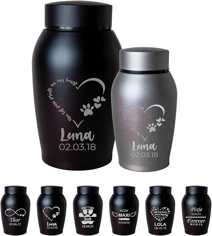 Personalized Cremation Keepsake Pet Ashes Urn Waterproof with Airtight Closure Customized Text Engraving Vase Container Memorial Dog Cat Funeral Decorative (You Left paw Prints on My Heart)