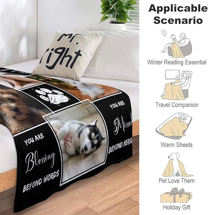 Custom Dog Memorial Gifts for Loss of Dog Cat, Personalized Dog Blankets with Photos, Pet Memorial Throw Blanket Gifts, Pet Loss Gifts, in Loving Memory Blanket for Dog Cat Lovers Dog Mom Dog Dad