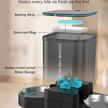 HoneyGuaridan Automatic Cat Feeder for Two Cats, 5G WiFi Smart Feed Pet Feeder with Stainless Steel Bowl,APP Control Dispenser, Dual Power Supply,Desiccant Bag,10s Meal Call Black