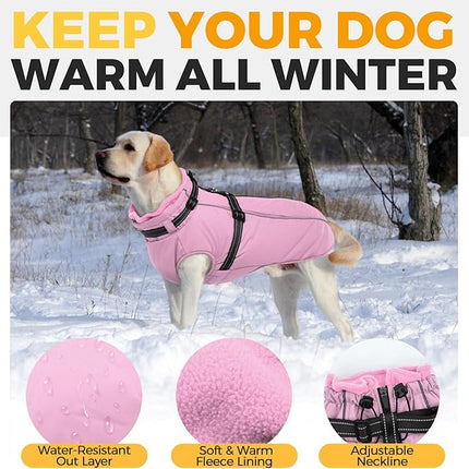 Lelepet Dog Coat for Large Dogs Waterproof Dog Jacket with Harness Built in Windproof Reflective Fleece Jacket with Zip Warm Winter Coats for Dogs Cozy Thermal Pet Snowsuit, Border Collie, Pink, XL