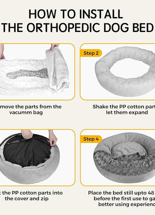 Cave Dog Bed with Blanket Donut Round Plush Cozy Cat Pet Bed for Puppy Machine Washable Removable Cover Cat Toy Anti-Slip Bottom Gray 26X26X8 inch