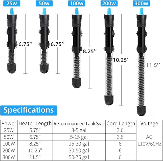 AQUANEAT Aquarium Heater, 200W Fish Tank Heater, Adjustable Submersible Water Thermostat with Thermometer