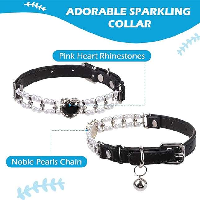 EXPAWLORER Cat Collar Leather with Bell and Safety Elastic Belt,Personalized Rhinestones Bling Adjustable Collars for Cats Kitty and Small Dogs,Pearl cat Collar Black (Pearl)