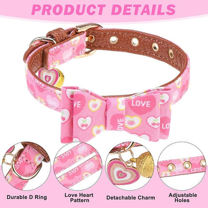 EXPAWLORER Valentine's Day Dog Collar and Leash Set - Pink Heart Dog Bow Tie and Dog Bandana Collar with Bell, Dog Leash Tangle Free, Adjustable Collars for Small Dogs Cats, Holiday Ideal Gift, S