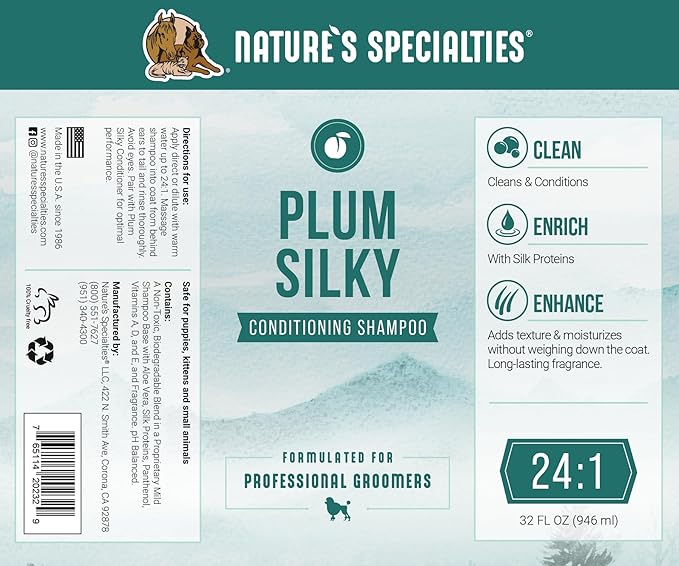 Nature's Specialties Plum Silky Ultra Concentrated Dog Shampoo Conditioner, Makes up to 6 Gallons, Natural Choice for Professional Pet Groomers, Silk Proteins, Made in USA, 32 oz
