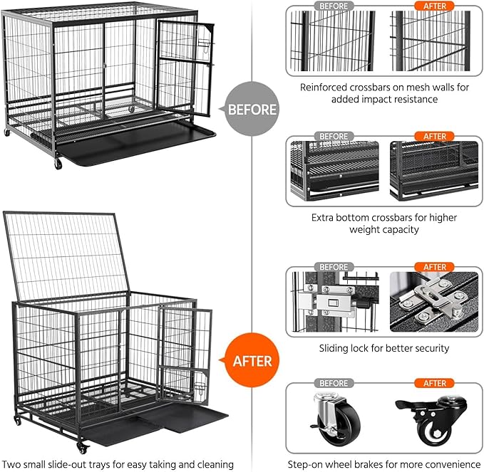 Yaheetech Dog Crate 43-inch Heavy Duty Metal Dog Cage Collapsible Open Top Pet Kennel w/Double Doors & Prevent Escape Locks/Lockable Wheels/Double Tray Indoor Outdoor, Black