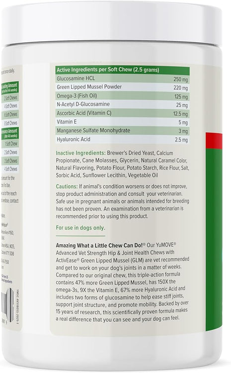 Yumove Hip & Joint Supplement for Dogs with Glucosamine, Hyaluronic Acid, Green Lipped Mussel & Omega 3 Joint Supplement - Regular or Advanced Strength (180ct, Advanced Vet Strength Soft Chews)