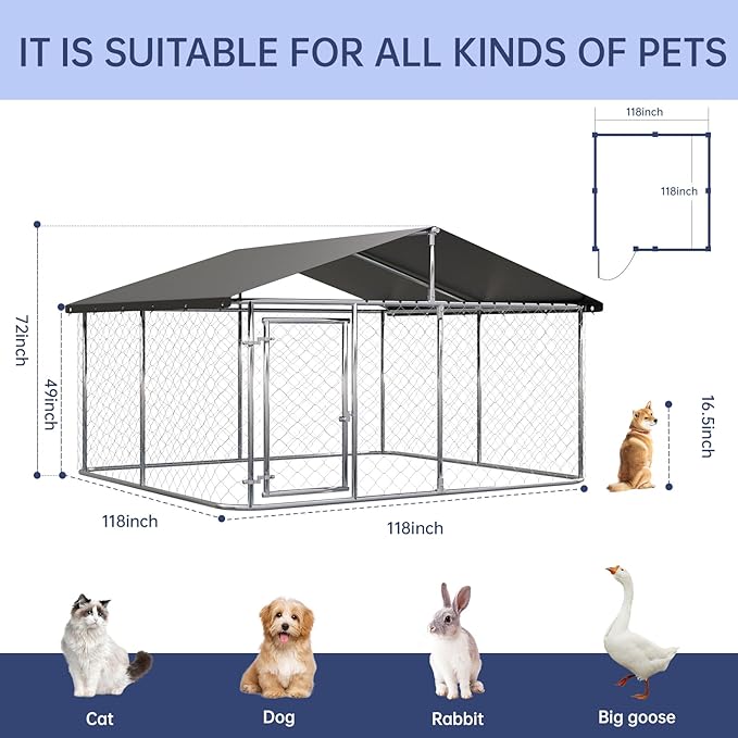 120"x 120" Outdoor Dog Enclosure Heavy Duty Dog Kennel House Mesh Dog Big Cage Pet Kennel Steel Fence with Secure Lock