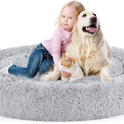 Dog Bed, Cat Calming Bed, Faux Fur Pillow Pet Donut Cuddler Round Plush Bed for Large Medium Small Dogs and Cats (Light Grey, 49.0" L x 38.0" W x 7.0" Th)