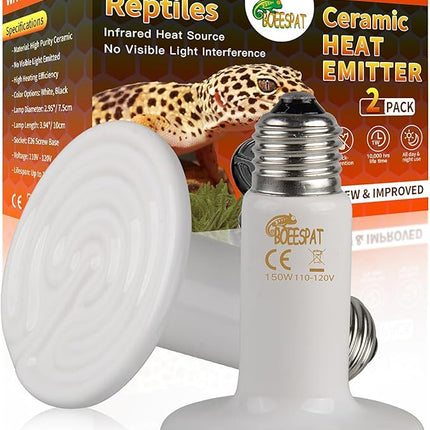 Energy Efficient 150W Heat Lamp Bulbs, Pack of 2 Ceramic Heat Emitters for Reptiles Geckos, Lizard, Bearded Dragon, Tortoise & Small Pets Basking (White, 150 Watts)