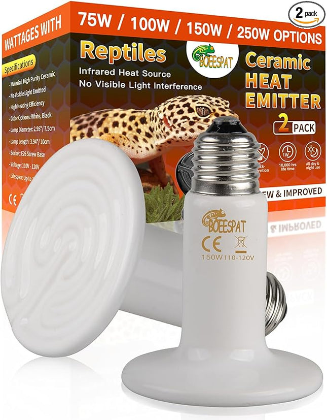 Energy Efficient 150W Heat Lamp Bulbs, Pack of 2 Ceramic Heat Emitters for Reptiles Geckos, Lizard, Bearded Dragon, Tortoise & Small Pets Basking (White, 150 Watts)