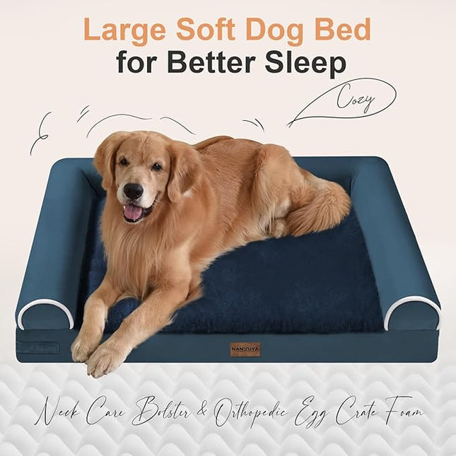 Large Dog Bed Orthopedic Washable: Beds Bolster XL Bed Large Big Dogs Memory Foam Couch Sofa Waterproof with Removable Cover - Navy Blue