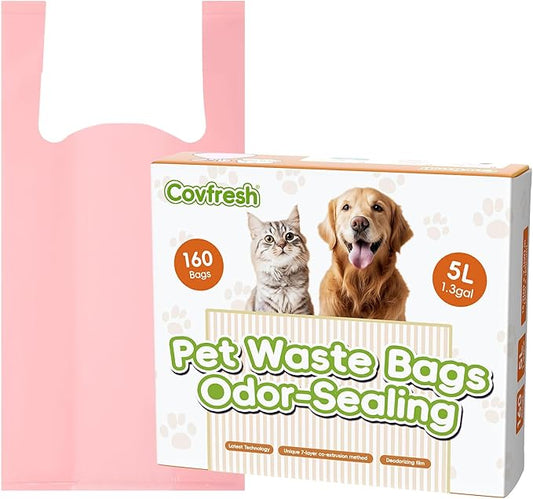 Odor-Sealing Dog Poop Bags with Handles, 160-Count Large Capacity (5L) Pet Waste Bag, Unscented Poop Bags for Dogs or Cat Litter, Conceals Smell & Mess(Pink)