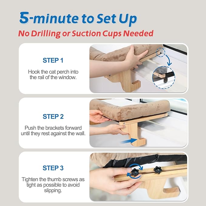 Zakkart Cat Perch for Window Sill with Bolster - Orthopedic Hammock Design with Premium Hardwood & Robust Metal Frame - Cat Window Seat for Large Cats and Kittens - Dark Stained Wood with Brown Bed