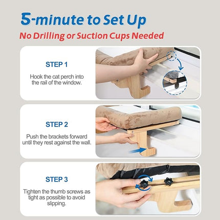 Zakkart Cat Perch for Window Sill with Bolster - Orthopedic Hammock Design with Premium Hardwood & Robust Metal Frame - Cat Window Seat for Large Cats - Natural Color Wood Brown Bed, XLarge 26.4''W