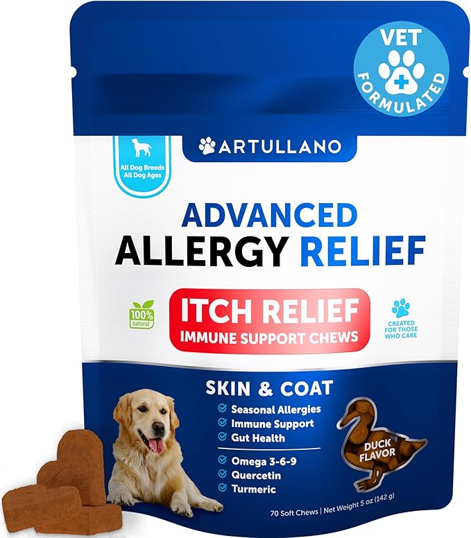 Dog Allergy Relief Chews - Itching Skin Relief for Dogs - Fish Oil - Omega 3 - Seasonal Allergies Pills - Skin & Coat, Anti Itch, Hot Spots Treatment - Canine Immune Health Supplement - 70 Soft Treats