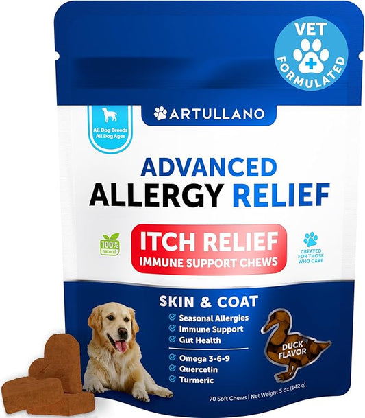 Dog Allergy Relief Chews - Itching Skin Relief for Dogs - Fish Oil - Omega 3 - Seasonal Allergies Pills - Skin & Coat, Anti Itch, Hot Spots Treatment - Canine Immune Health Supplement - 70 Soft Treats