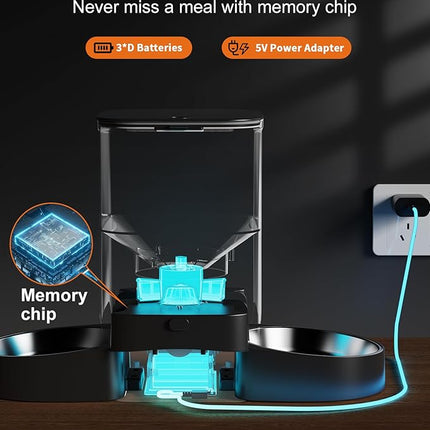 HoneyGuaridan Automatic Cat Feeder for Two Cats, 5G WiFi Smart Feed Pet Feeder with Stainless Steel Bowl,APP Control Dispenser, Dual Power Supply,Desiccant Bag,10s Meal Call Black