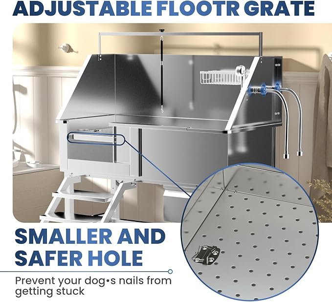 Dog Washing Station for Home,Professional 46" Stainless Steel Dog Bathing Station Height Adjustable Dog Wash Station Dog Grooming Tub Ramp, Drawer, Floor Grate & Fauct (Left Stair)