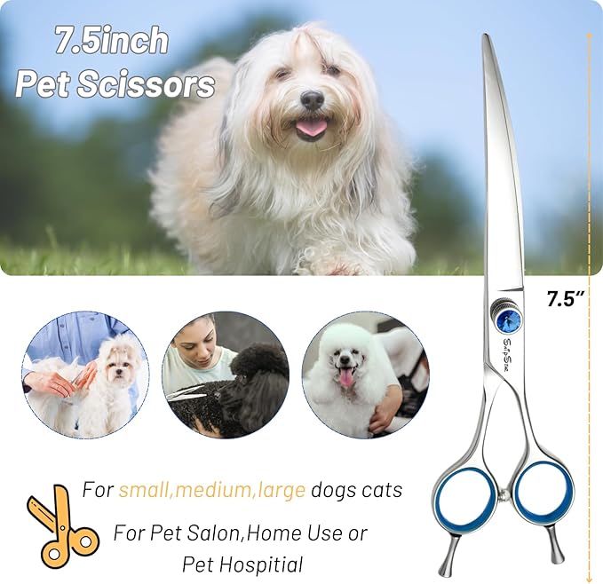 7.5in Curved Dog Scissors for Grooming, VG10 Steel Sharp Dog Grooming Scissors, 25 Degree Bend, with CNC Screw & Round Blunt Tip, Professional Pet Grooming Shears for Dogs Cats Groomer or Home Use