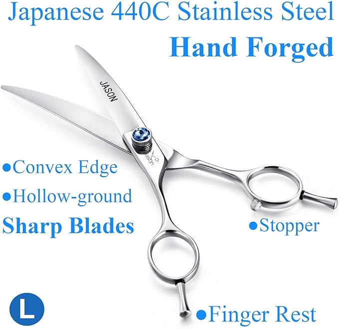 JASON 7" Curved Dog Grooming Scissors, Cats Grooming Shears Pets Trimming Kit with for Left Handed Groomers, Sharp, Comfortable Shear