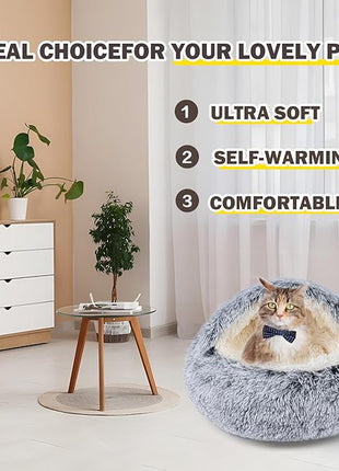 Cat Bed for Indoor Cats, Calming Cozy Cave with Self-Warming Plush, Entire Bed Machine Washable & Anti-Slip Base, Breathable Pet Bed for Small Cats&Dogs All Seasons (Grey, 20 * 20inch)