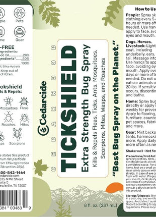 Cedarcide Extra- Strength Tickshield | Deep Woods Cedar Oil Tick & Mosquito Repellent Spray Kills & Repels Ticks, Fleas, Chiggers and Mosquitoes| For People & Pets | Natural Essential Oils | 4 Oz