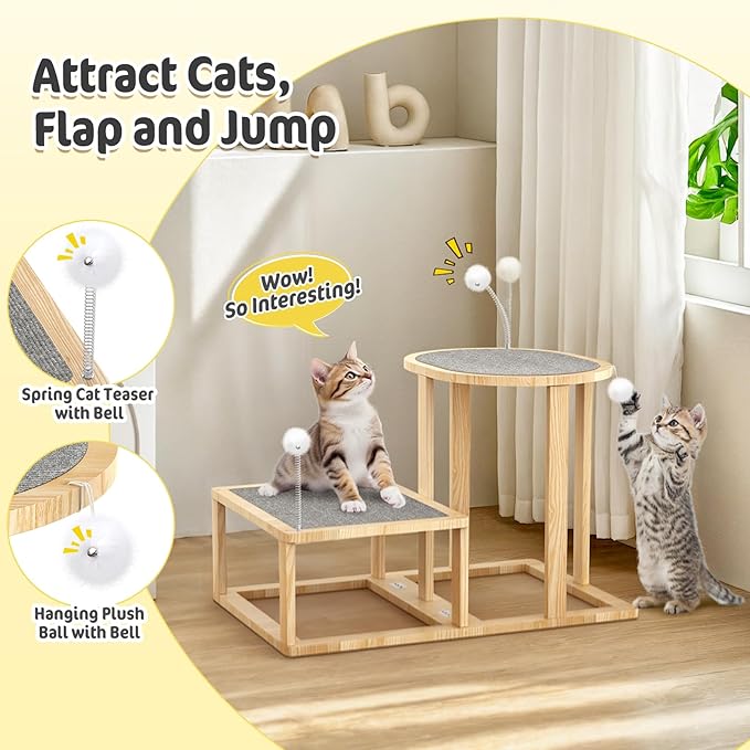 Pawaboo Cat Beds and Stairs, 2-Step Kitten Scratcher Hammock Bed with Cat Teasers & Hanging Ball, Wooden Kitties Hammock Staircase for High Beds Couch,Stair Shaped Cats Bed for Indoor Climbing Playing
