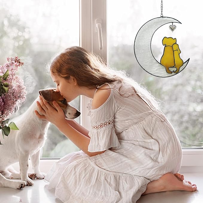 Stained Glass Dog Suncatcher, Window Hangings for Loss of Dog, Pet Memorial Gifts, Double Yellow Dogs on The Moon