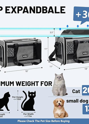 Cat Carrier Top-Expandable 18x11x11, United Delta American Airline Approved Dog Carrier, Soft-Sided Pet Carry Bag Under-Seat in Cabin, Puppy Airplane Travel Crate TSA Plane Kitten Cage Grey