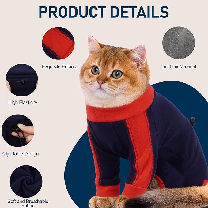 Cat Pajamas for Cats Only, Sticky Hair Cat Clothes, Long Sleeve Sphynx Clothes, Anti-Licking or Skin Disease Recovery Suit for Female Cats, Kitten Onesie Pajamas, DarkBlue, XL