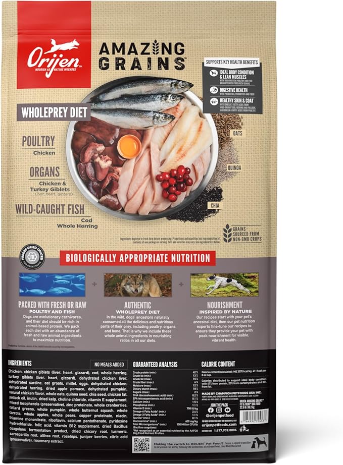 ORIJEN Amazing Grains High Protein Dry Dog Food Fit & Trim Recipe 22.5lb Bag