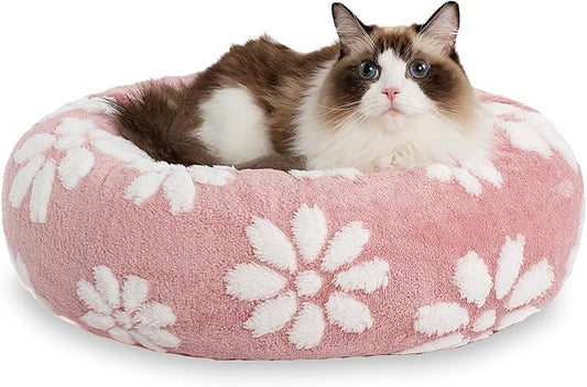 Donut Dog Beds for Small Dogs, Calming Round Cat Beds for Indoor Cats, Cute 3D Textured Flower Pet Bed with Removable Washable Cover and Anti-Slip Bottom（Pink，20"）