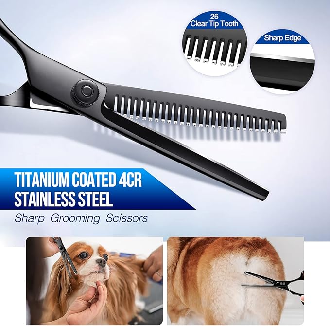 Gimars Dog Grooming Scissors Kit Professional 4CR with Safety Round Tip, 5 in 1 Heavy Duty Titanium Coated Thinning & Curved & Straight Shears