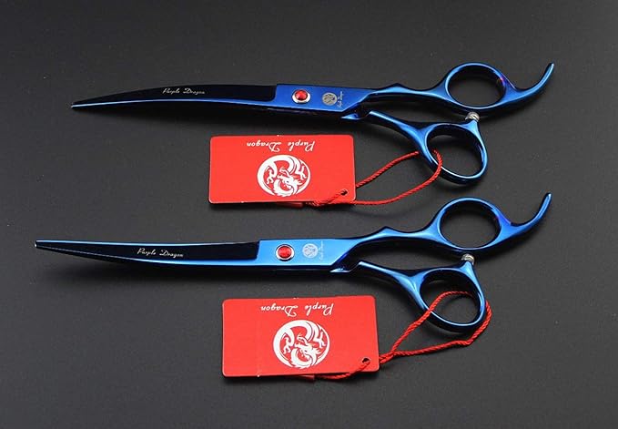 Purple Dragon Professional 7.0 inch 4PCS Pet Grooming Scissors Kit Japan Premium Steel Straight & Curved & Thinning Blade Dog Hair Cutting Shears Set with Case