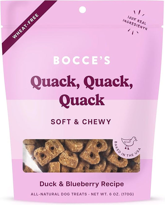 Bocce's Bakery Oven Baked Quack Quack Quack Dog Treats - All-Natural, Real Ingredient, Wheat-Free Soft & Chewy Cookies - Baked in The USA, Peanut Butter & Banana Flavor, 6 oz