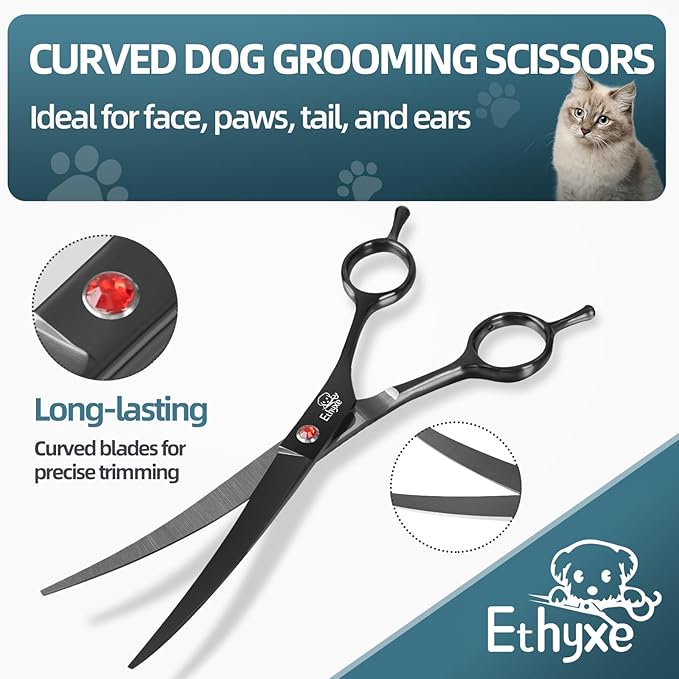 7.0" Professional Dog Grooming Scissors Kit – 3-Piece Set with Straight, Curved & Thinning Shears, Black Japanese Stainless Steel, Includes Grooming Comb for Dogs & Cats