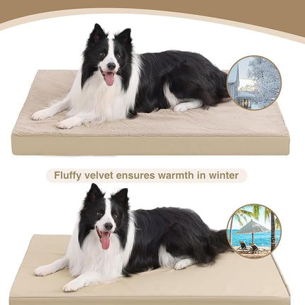 KSIIA Orthopedic Dog Bed Crate Waterproof Pet Mats for Large Dogs Deluxe Plush Washable Pet Bed with Egg Crate Foam & Removable Cover, 35 x 22 Inch, Khaki