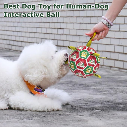 QDAN Christmas Dog Toys: Dog Soccer Ball with Straps for Outdoor Play, Tug of War, Puppy Gifts Durable 8-Inch Dog Balls for Medium Large Dogs