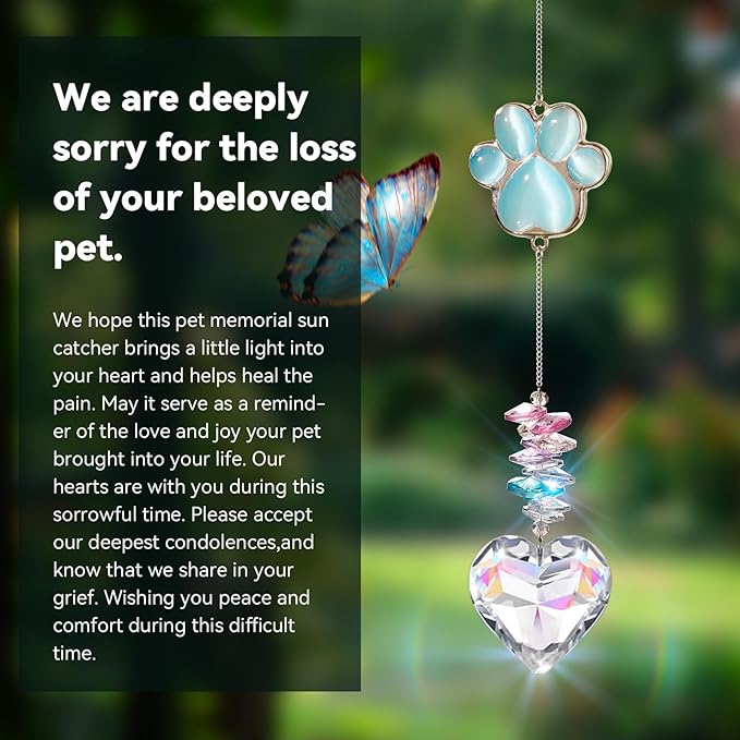 Pet Memorial Gifts for Dogs, Loss of Cat Sympathy, Remembrance Bereavement Crystal Suncatcher with Natural Cat's Eye Stone Paw, Rainbow Bridge Memorial Gift for Passing Away Loving Pets