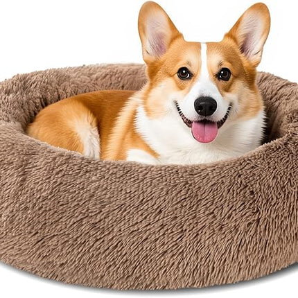 Dog Calming Beds for Small Medium Large Dogs - Round Donut Washable Dog Bed, Anti-Slip Faux Fur Fluffy Donut Cuddler Anxiety Cat Bed(28" Khaki