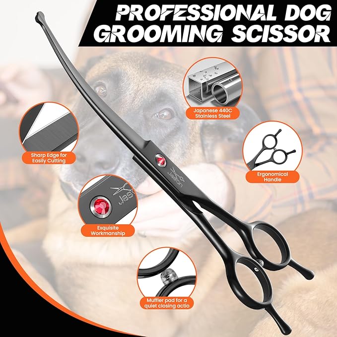 JASON 7.5" Dog Grooming Shear - Professional Up-curved Scissor with Round Tips Japanese Stainless Steel Hair Scissor for Dogs, Cats and Other Pets (Curved with Round Tips, Black)