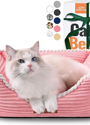 Cat Dog Bed for Pets, Rectangle Pet Bed Gift for Puppy and Kitten, Machine Washable Calming Fluffy Pet Couch Sofa for Indoor Outdoor, Portable Soft Cat Bed with Non-Slip Bottom (Small, Pink)